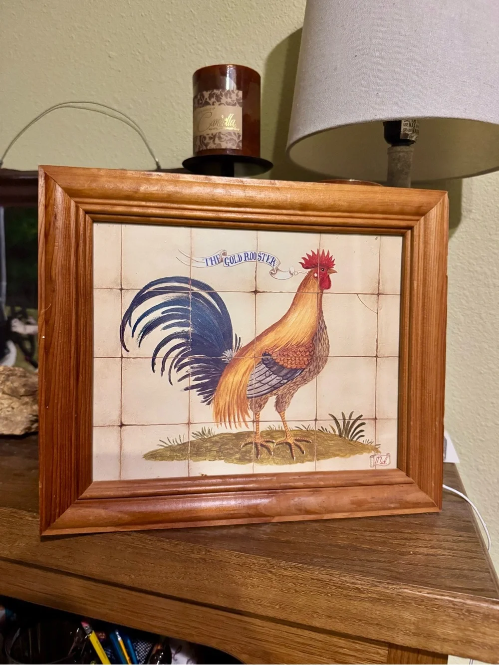 Framed Print Rooster Faux Tile Art